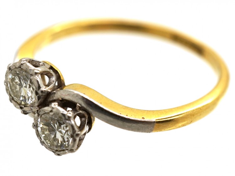 Edwardian 18ct Gold & Platinum, Two Stone Diamond Crossover Ring