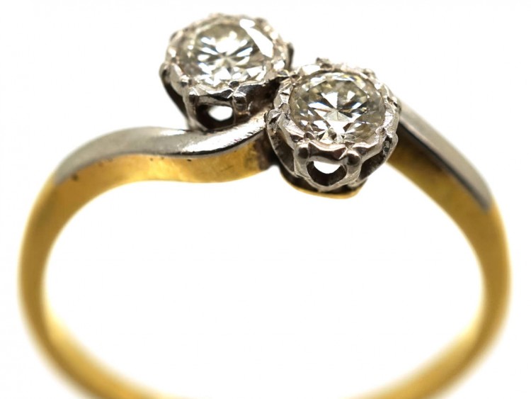 Edwardian 18ct Gold & Platinum, Two Stone Diamond Crossover Ring