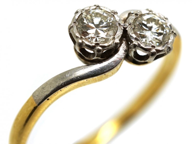 Edwardian 18ct Gold & Platinum, Two Stone Diamond Crossover Ring