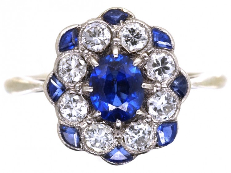 Edwardian 18ct Gold Sapphire & Diamond Oval Cluster Ring