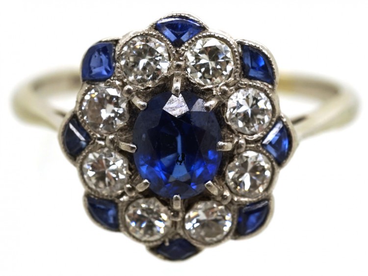 Edwardian 18ct Gold Sapphire & Diamond Oval Cluster Ring