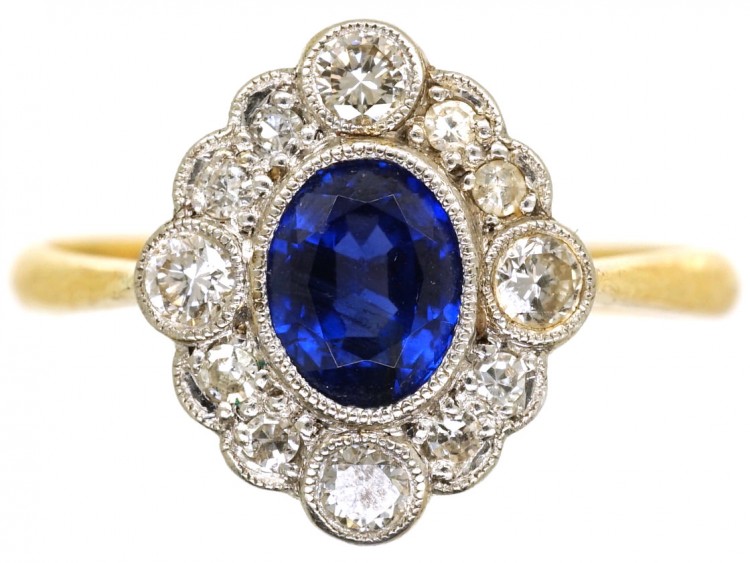 Edwardian 18ct Gold, Platinum, Sapphire & Diamond Oval Cluster Ring