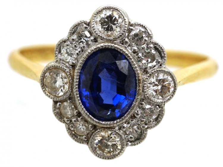Edwardian 18ct Gold, Platinum, Sapphire & Diamond Oval Cluster Ring