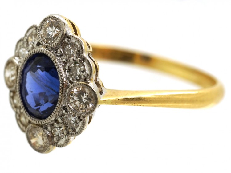 Edwardian 18ct Gold, Platinum, Sapphire & Diamond Oval Cluster Ring