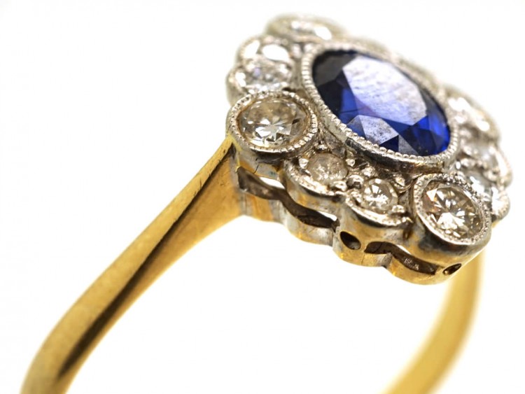 Edwardian 18ct Gold, Platinum, Sapphire & Diamond Oval Cluster Ring