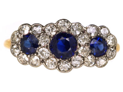 Edwardian 18ct Gold, Sapphire & Diamond Triple Cluster Ring