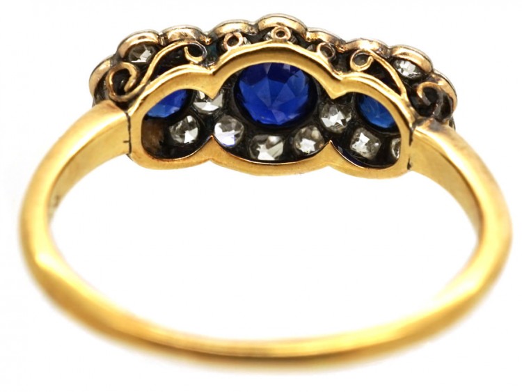 Edwardian 18ct Gold, Sapphire & Diamond Triple Cluster Ring
