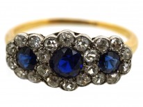 Edwardian 18ct Gold, Sapphire & Diamond Triple Cluster Ring