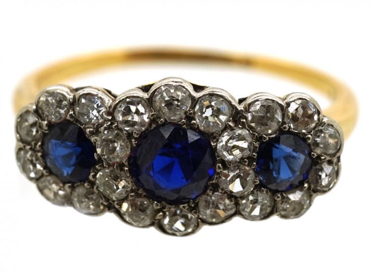 Edwardian 18ct Gold, Sapphire & Diamond Triple Cluster Ring