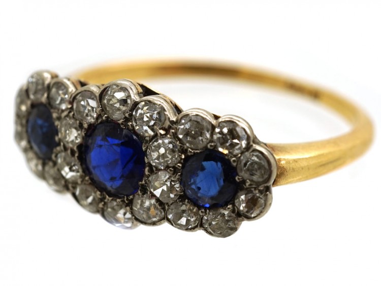 Edwardian 18ct Gold, Sapphire & Diamond Triple Cluster Ring