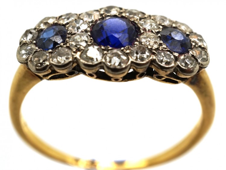Edwardian 18ct Gold, Sapphire & Diamond Triple Cluster Ring
