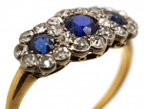 Edwardian 18ct Gold, Sapphire & Diamond Triple Cluster Ring