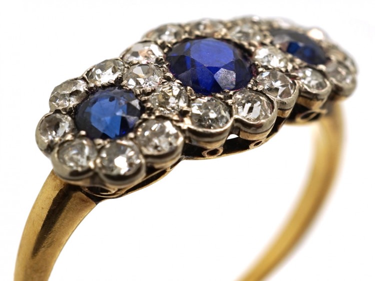 Edwardian 18ct Gold, Sapphire & Diamond Triple Cluster Ring