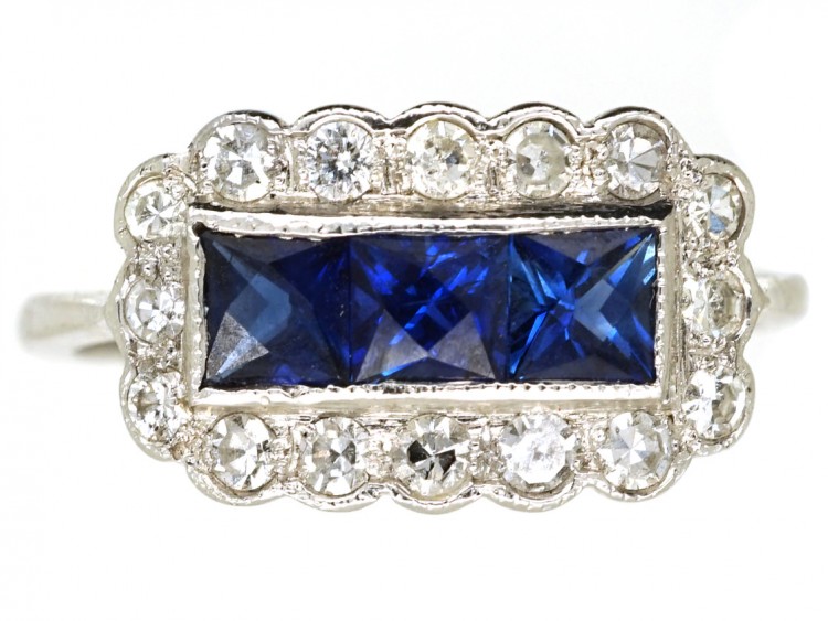 Art Deco 18ct White Gold, Sapphire & Diamond Rectangular Ring