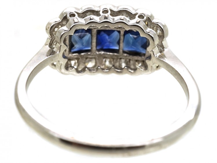 Art Deco 18ct White Gold, Sapphire & Diamond Rectangular Ring