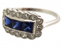Art Deco 18ct White Gold, Sapphire & Diamond Rectangular Ring