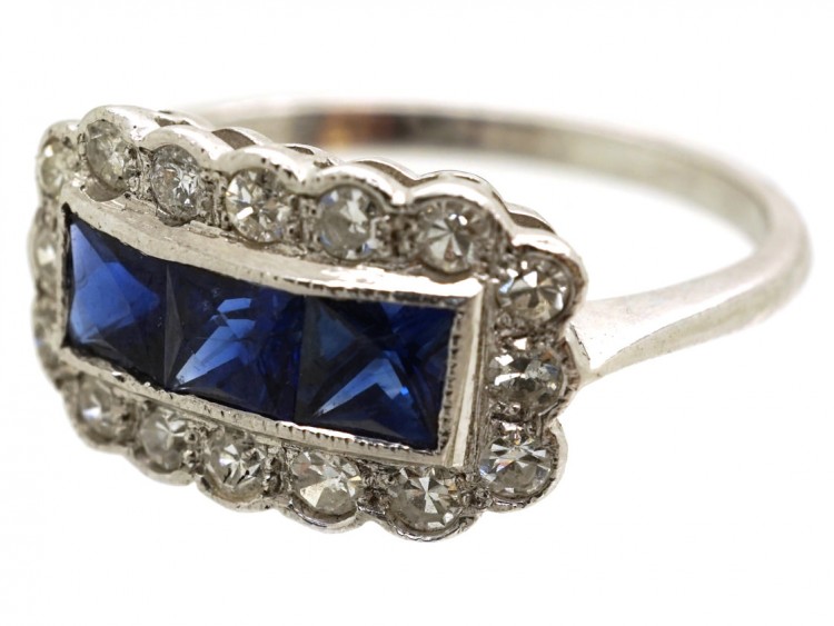 Art Deco 18ct White Gold, Sapphire & Diamond Rectangular Ring