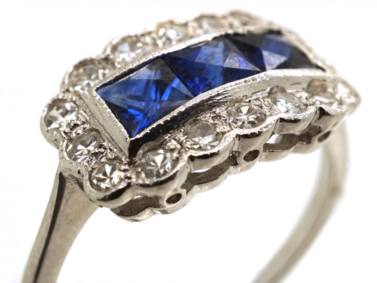 Art Deco 18ct White Gold, Sapphire & Diamond Rectangular Ring