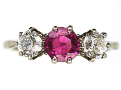 18ct White Gold Ruby & Diamond Three Stone Ring