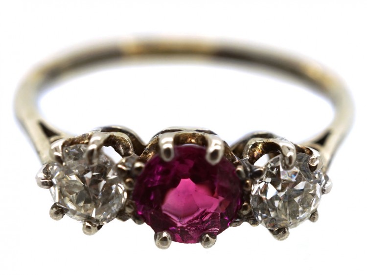 18ct White Gold Ruby & Diamond Three Stone Ring