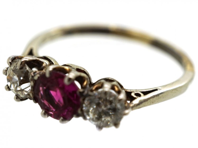 18ct White Gold Ruby & Diamond Three Stone Ring