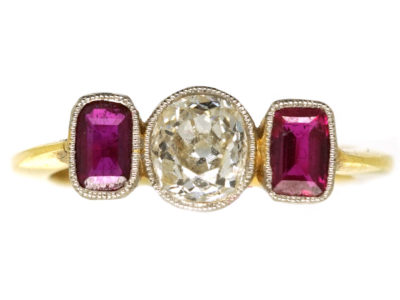 Art Deco 15ct Gold, Three Stone Ruby & Diamond Ring