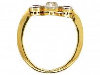 Art Deco 15ct Gold, Three Stone Ruby & Diamond Ring
