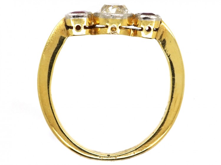 Art Deco 15ct Gold, Three Stone Ruby & Diamond Ring