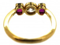 Art Deco 15ct Gold, Three Stone Ruby & Diamond Ring