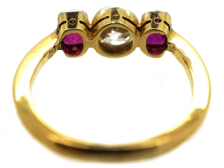 Art Deco 15ct Gold, Three Stone Ruby & Diamond Ring