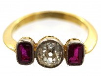 Art Deco 15ct Gold, Three Stone Ruby & Diamond Ring