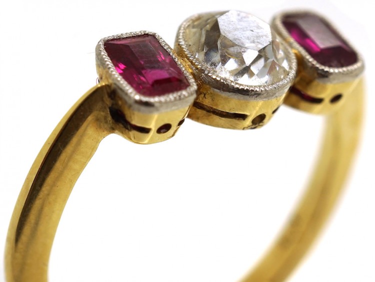 Art Deco 15ct Gold, Three Stone Ruby & Diamond Ring