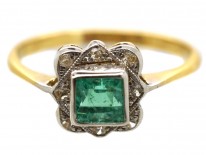 Art Deco 18ct Gold, Platinum, Emerald & Diamond Square Ring