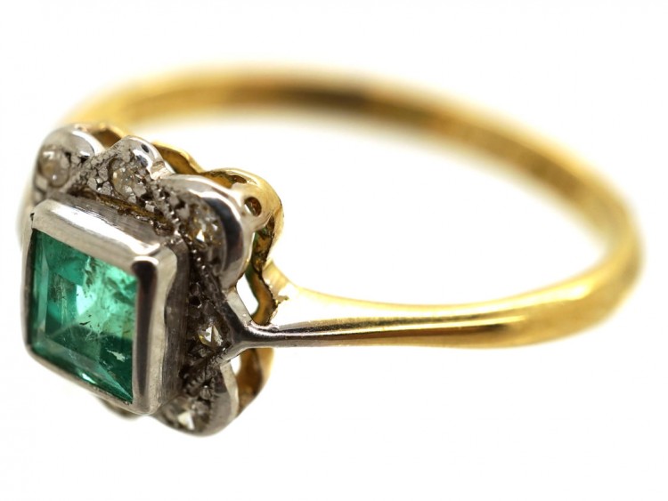 Art Deco 18ct Gold, Platinum, Emerald & Diamond Square Ring