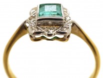 Art Deco 18ct Gold, Platinum, Emerald & Diamond Square Ring