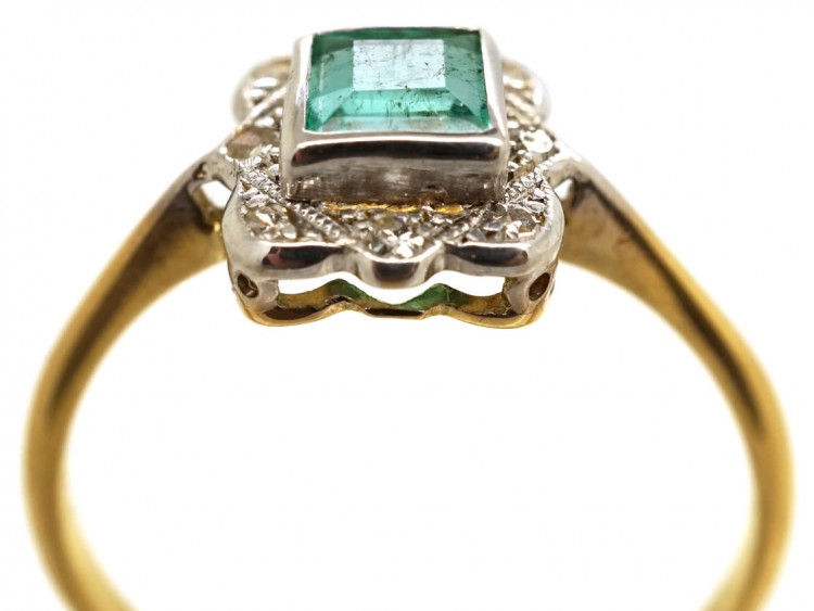 Art Deco 18ct Gold, Platinum, Emerald & Diamond Square Ring