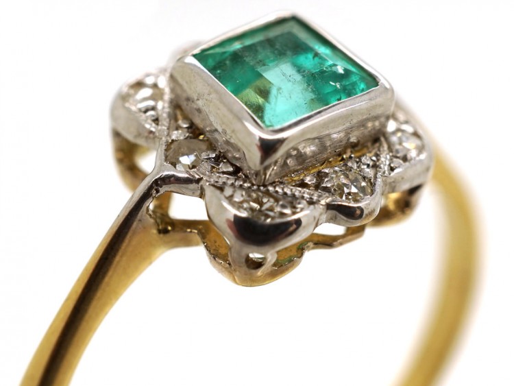 Art Deco 18ct Gold, Platinum, Emerald & Diamond Square Ring