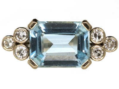 18ct White Gold Rectangular Cut Aquamarine & Diamond Ring