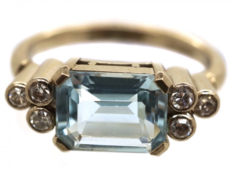 18ct White Gold Rectangular Cut Aquamarine & Diamond Ring