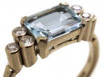 18ct White Gold Rectangular Cut Aquamarine & Diamond Ring