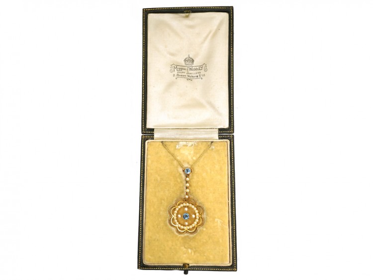 Edwardian 15ct Gold, Aquamarine & Natural Split Pearl Pendant in Original Case