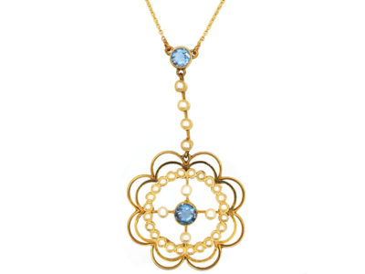 Edwardian 15ct Gold, Aquamarine & Natural Split Pearl Pendant in Original Case