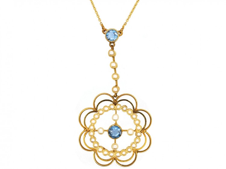 Edwardian 15ct Gold, Aquamarine & Natural Split Pearl Pendant in Original Case
