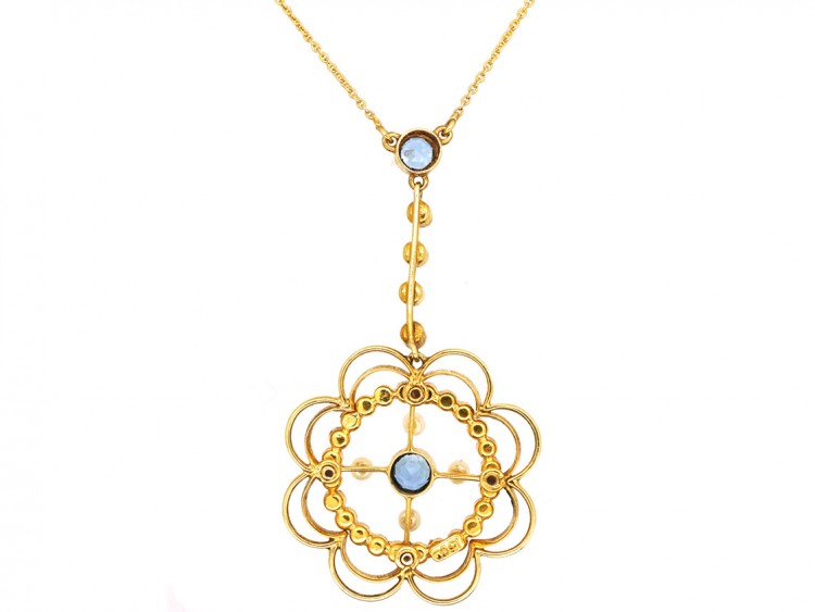 Edwardian 15ct Gold, Aquamarine & Natural Split Pearl Pendant in Original Case