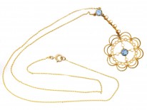 Edwardian 15ct Gold, Aquamarine & Natural Split Pearl Pendant in Original Case