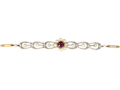 Edwardian 18ct Gold & Platinum, Ruby, Diamond & Natural Pearl Bracelet