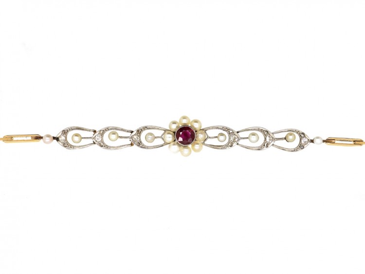 Edwardian 18ct Gold & Platinum, Ruby, Diamond & Natural Pearl Bracelet