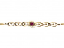 Edwardian 18ct Gold & Platinum, Ruby, Diamond & Natural Pearl Bracelet