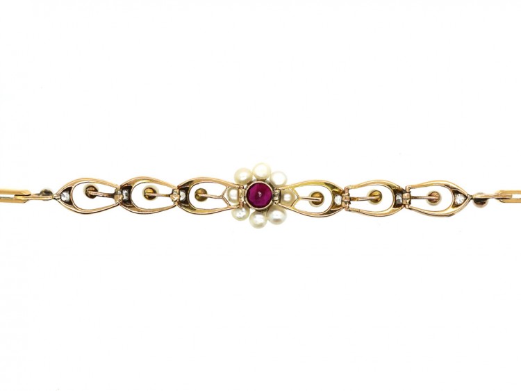 Edwardian 18ct Gold & Platinum, Ruby, Diamond & Natural Pearl Bracelet