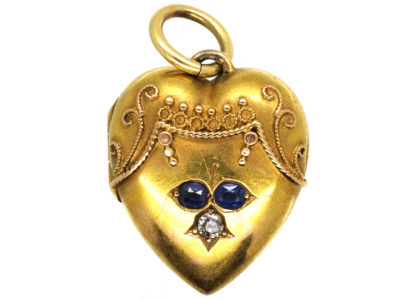 Victorian 15ct Gold Heart Shaped Locket Set With Sapphires & a Diamond